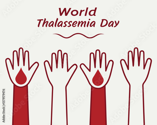 World Thalassemia Day: three hands showing support with blood drops.