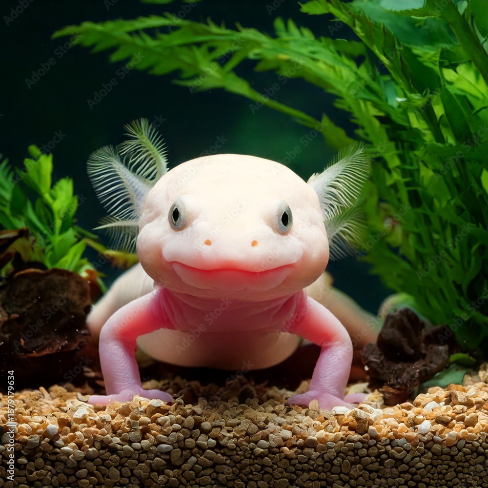 Swimming in the aquarium smiling albino axolotl with plants and gravel Freshwater fish