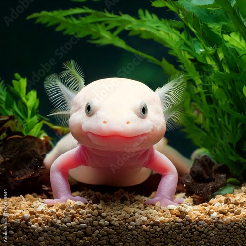 Swimming in the aquarium smiling albino axolotl with plants and gravel Freshwater fish 