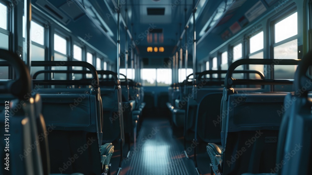 A silent school bus interior with rows of empty seats, a clean floor, and soft natural lighting A silent school bus interior with rows of empty seats, a clean floor, and soft natural lighting