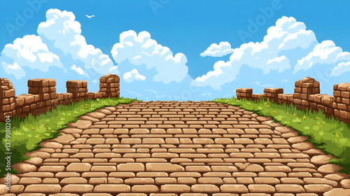 Pixel Art Path Leading Towards Blue Sky and White Clouds with Stone Wall and Green Field in Sunny Day Nature Landscape