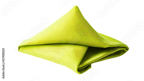 Bright lime green napkin folded in a triangle shape. Crisp linen table decor isolated on white background.