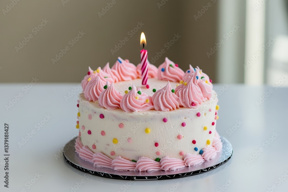 A delicious birthday cake with a lit candle on top A delicious birthday cake with a lit candle on top
