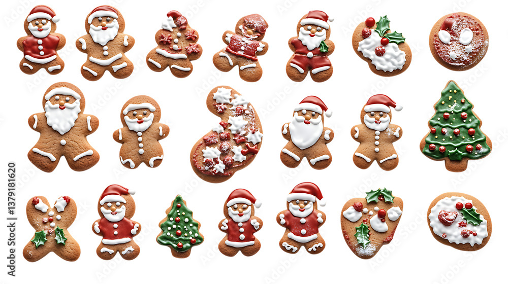 Fototapeta premium Christmas gingerbread cookies collection, isolated on white. Festive holiday treats including Santa Claus and Christmas tree shapes.