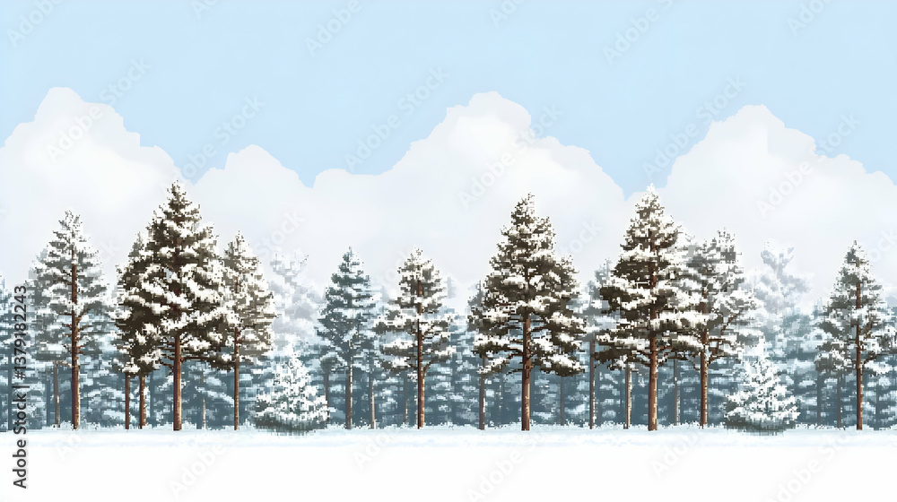 Obraz premium Pixel Art Winter Landscape with Snow Covered Trees and Distant Mountains Under a Light Blue Sky