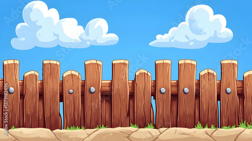 Pixel Art Wooden Fence Under Bright Blue Sky With Fluffy White Clouds And Patch Of Green Grass