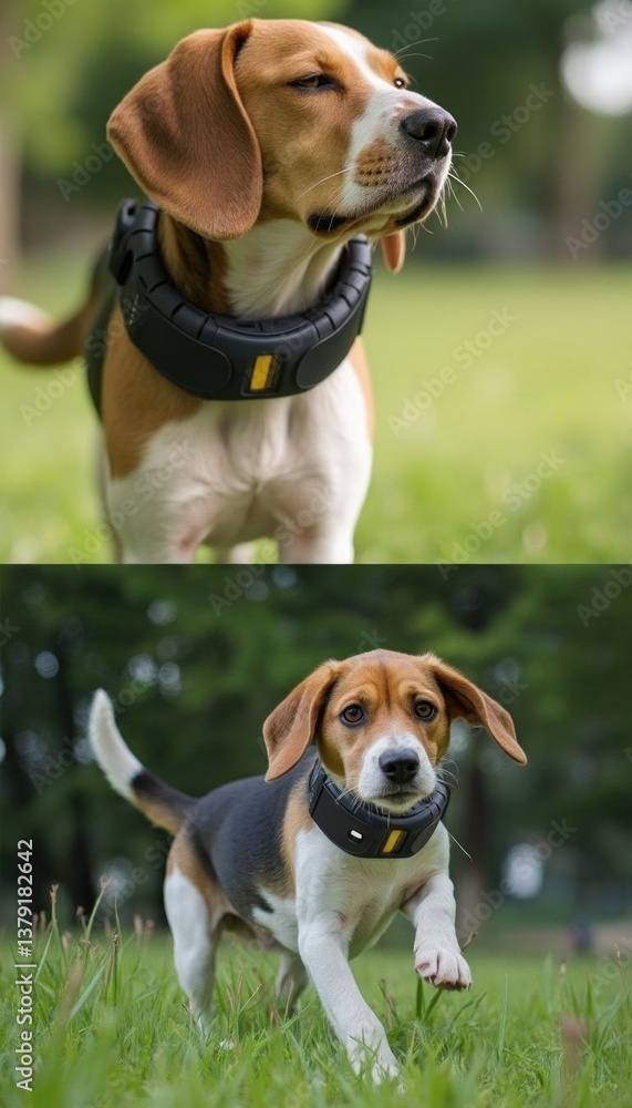Playful beagle with smart collar enjoying green park outdoors Playful beagle with smart collar enjoying green park outdoors