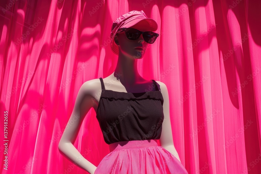 Fototapeta premium Summer fashion mannequin in a vibrant pink room showcasing stylish decor and high contrast lighting