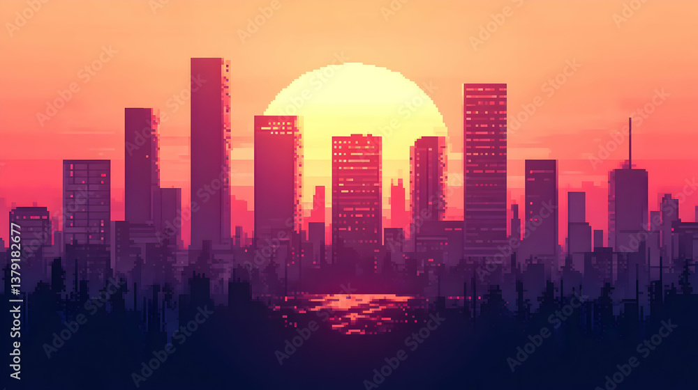 Fototapeta premium Pixelated Cityscape Silhouette with Orange Sunset Reflecting on Water Under Purple Sky in a Beautiful Evening