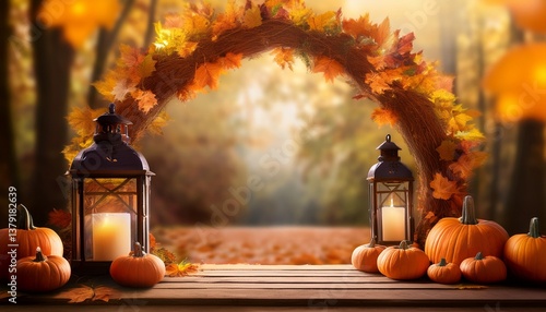 pumpkins and leaves archway with lantern fall background for photography backdrop
