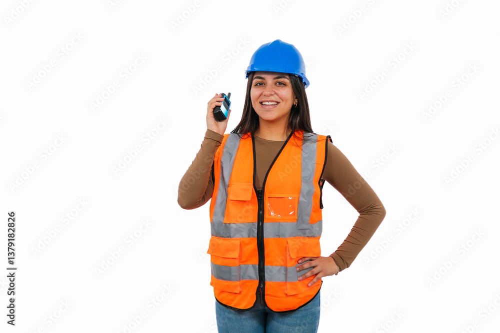 Confident Latina construction worker communicating using walkie-talkie Confident Latina construction worker communicating using walkie-talkie