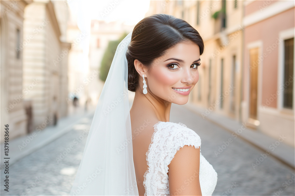 Naklejka premium Brunette bride with veil