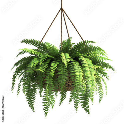 A 3D Fern Plant in a Hanging Basket Cascading from a Wooden Frame Isolated on Transparent Background