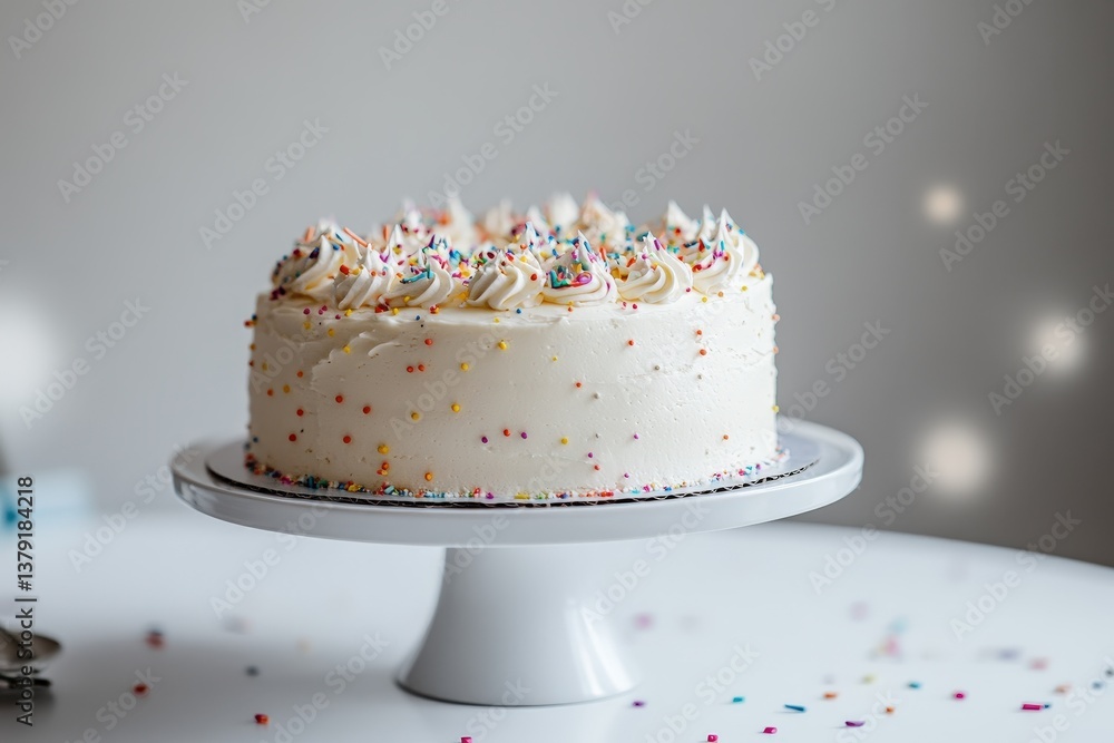A beautifully decorated cake sits on a white cake stand A beautifully decorated cake sits on a white cake stand