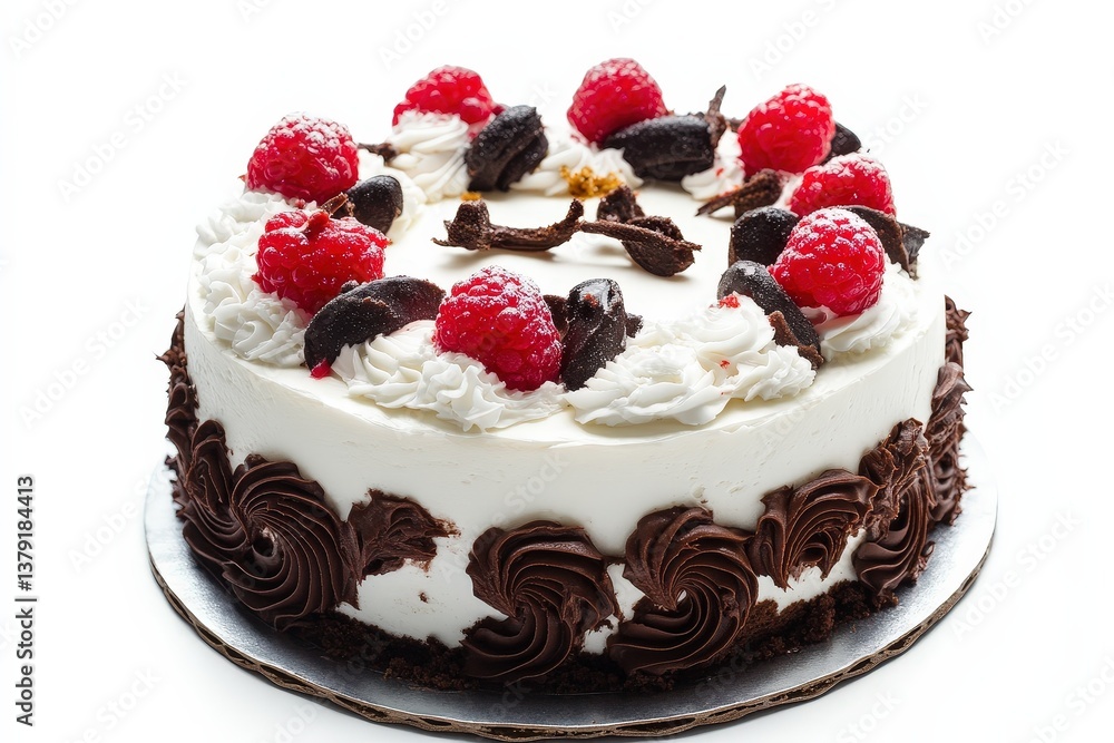 A beautifully decorated cake with fresh raspberries and chocolate A beautifully decorated cake with fresh raspberries and chocolate