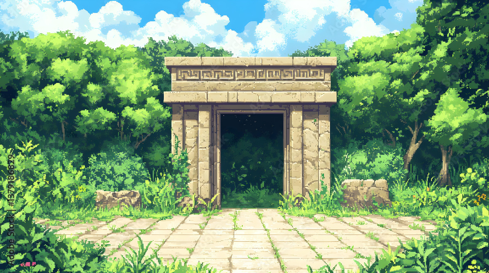 Obraz premium Stone Ruins Entrance among Green Forest Pixel Art Style with Blue Sky in the Background Sunny Day