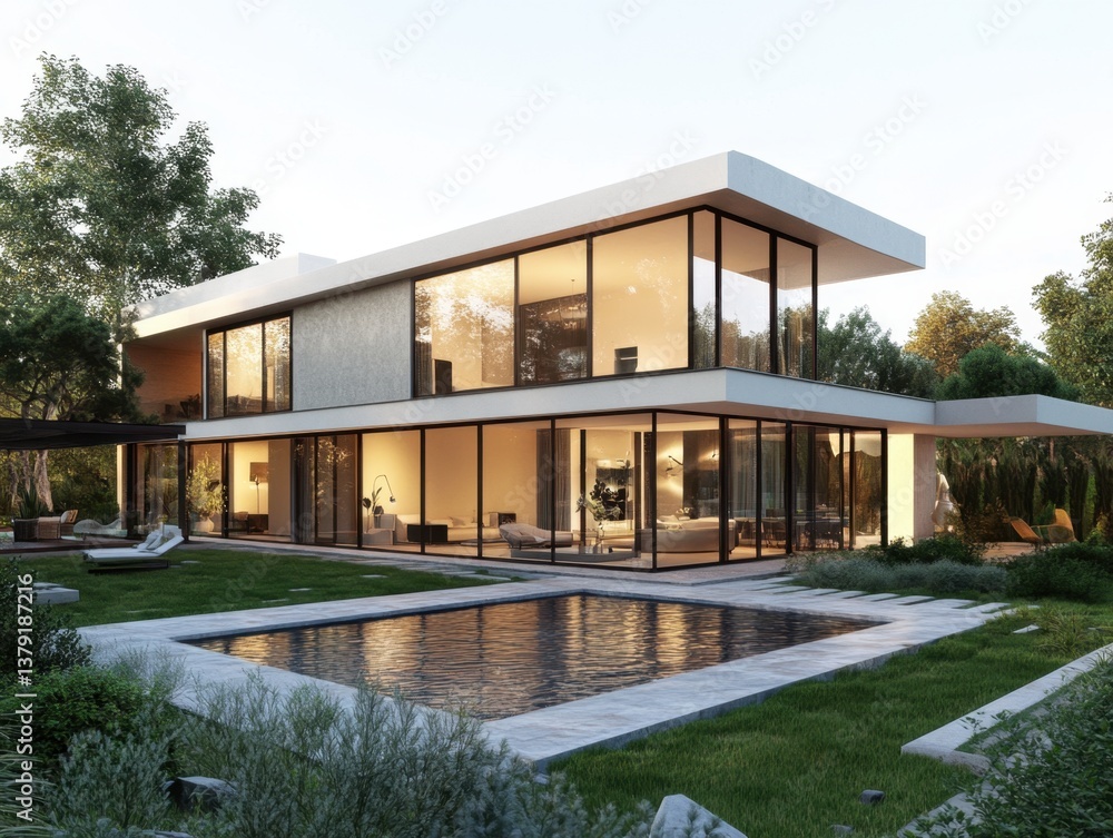 A large house with a pool and a large glass window. The house is white and has a lot of windows A large house with a pool and a large glass window. The house is white and has a lot of windows