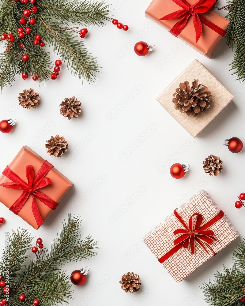 Festive gifts and decorations arranged with pine branches and ornaments for a cheerful holiday atmosphere. Festive gifts and decorations arranged with pine branches and ornaments for a cheerful holiday atmosphere.
