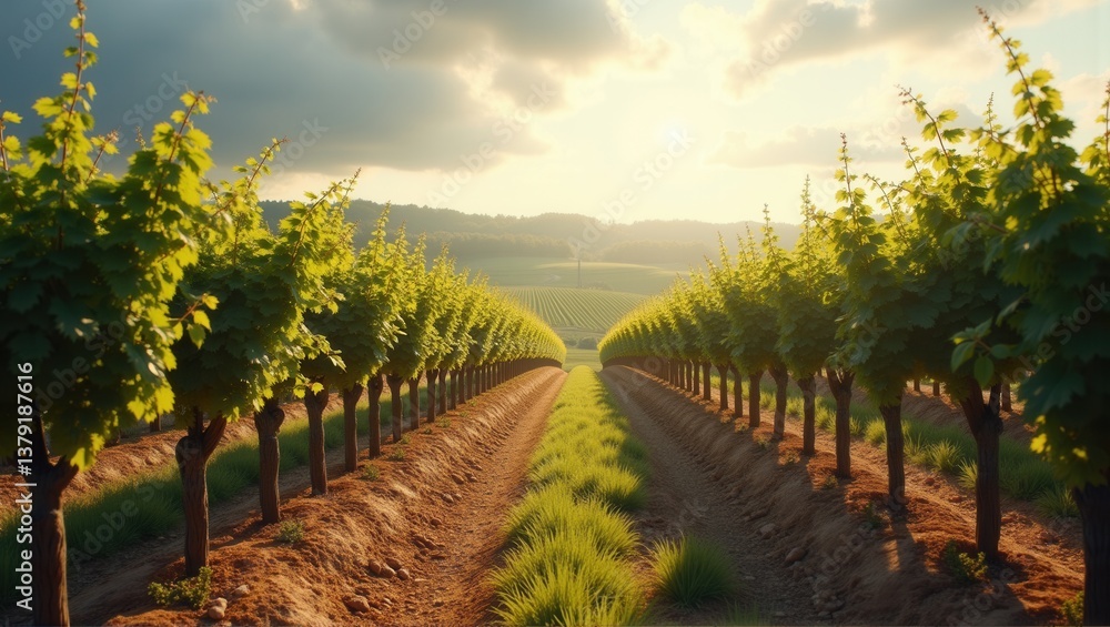 Naklejka premium A vibrant vineyard at sunrise with rows of grapevines heavy with ripe purple grapes, the sun casting a warm glow over the landscape, symbolizing abundance and harvest. Generative, AI,
