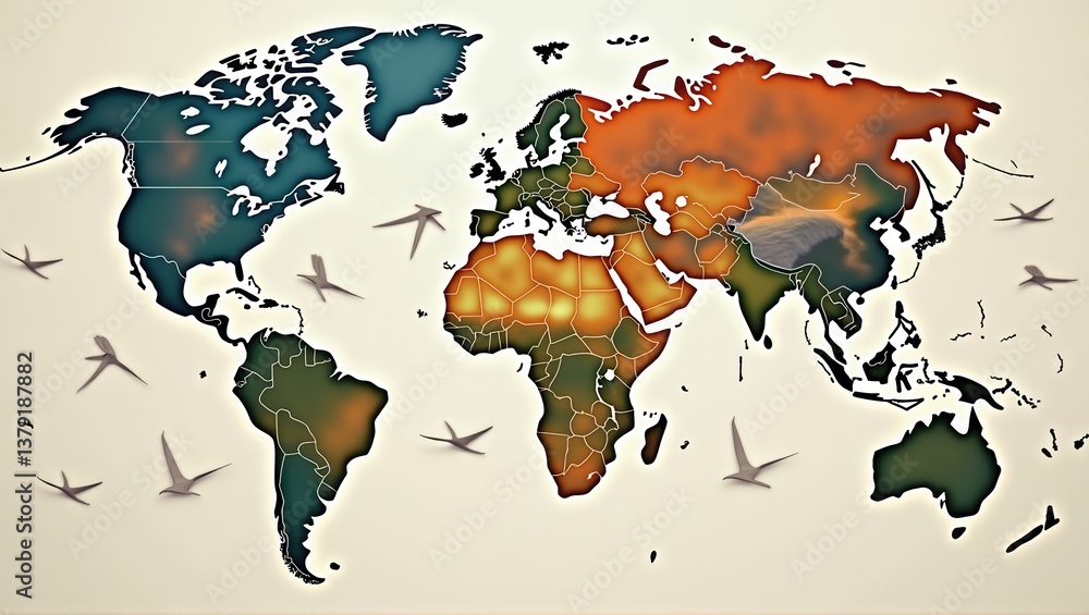 Obraz premium A creative world map with birds flying across continents, designed with warm tones and bold outlines, highlighting global connections and movement. Generative, AI,