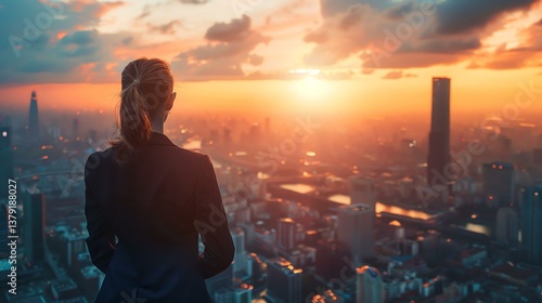 A confident businesswoman gazes at a breathtaking sunset over a bustling city skyline, symbolizing ambition and the promise of new opportunities.