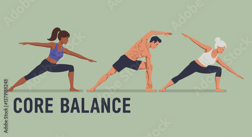 Core balance banner with people from different ages and ethnicity stretching together. Healthy body concept