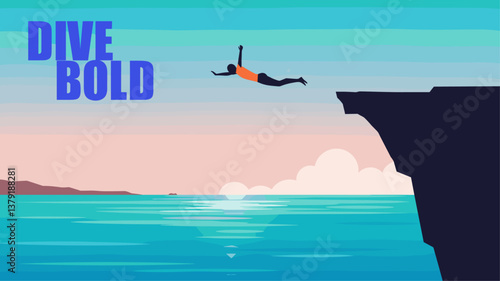 Dive bold minimalist conceptual banner vector with person diving into the lake