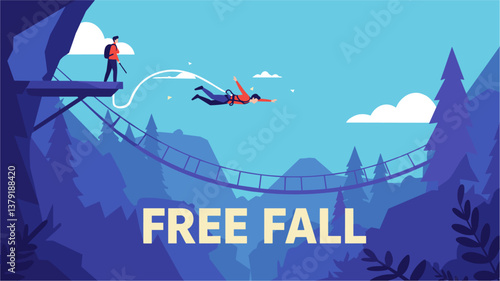 Man doing bungee jumping. Free fall concept. Colorful minimalist vector banner