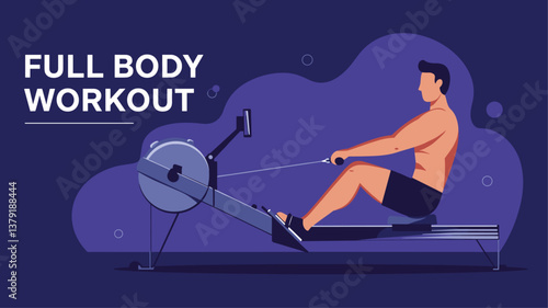 Full body workout illustration banner with man using rowing machine
