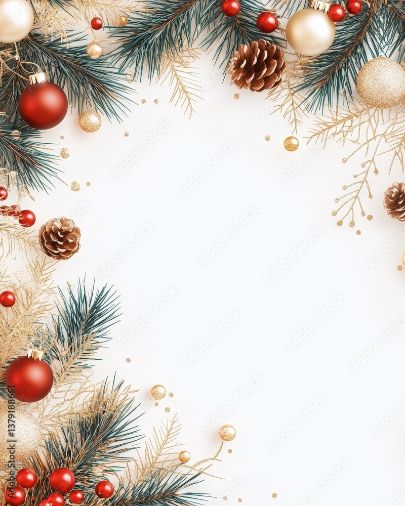 Fototapeta premium Holiday-themed frame with pine branches, ornaments, and decorations on a blank background.