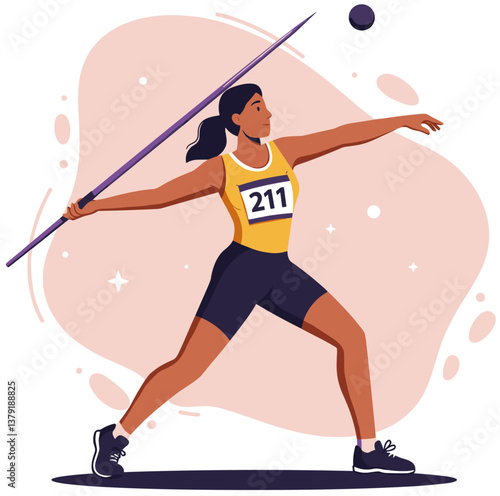 Latin woman doing javelin throwing. Colorful minimalist flat design illustration