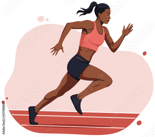 Latin woman practicing running for competition. Colorful minimalist illustration