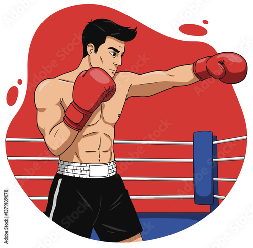 Man ready for the fight at boxing ring. Carton vector