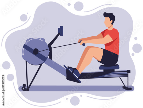 Man using rowing machine. Minimalist colorful illustration