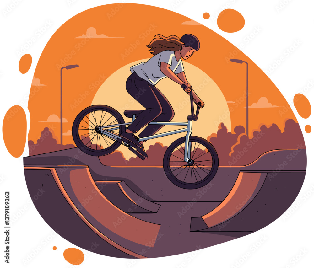 Fototapeta premium Young woman doing bmx in skate park. Colorful minimalist flat design illustration