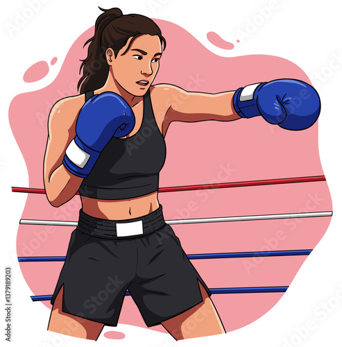Professional female boxer in the ring. Colorful cartoon vector