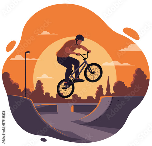 Boy doing bmx in the skate park of the city. Minimalist flat design illustration