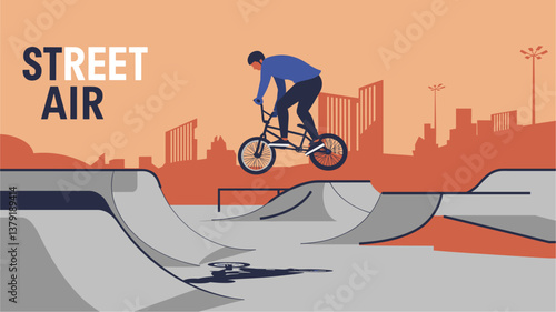 Man doing bmx. Street air concept. Minimalist colorful flat design illustration