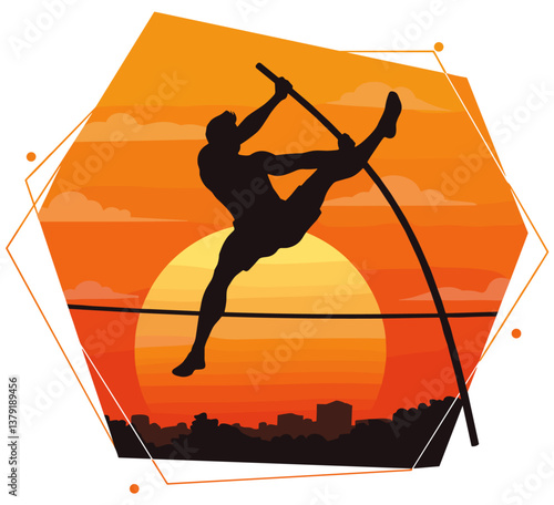 Silhouette of man doing pole vault with sunset view as background. Colorful minimalist illustration