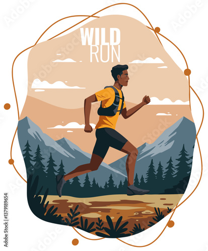 Mixed race man running in wild nature. Colorful minimalist flat design illustration