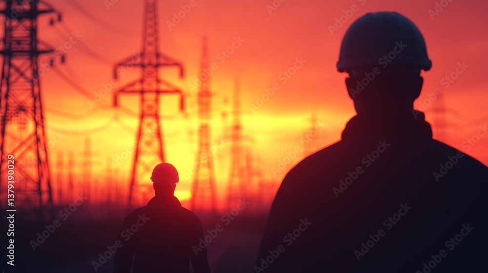 Illuminated Power Grid Maintenance Silhouette at Industrial Scale with Glowing Sky - Ultra-realistic Panoramic Shot for Copy Space Illuminated Power Grid Maintenance Silhouette at Industrial Scale with Glowing Sky - Ultra-realistic Panoramic Shot for Copy Space