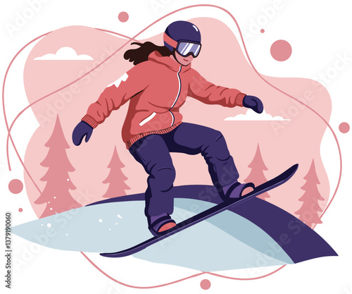 Woman doing snowboard in snowy mountain landscape. Minimalist flat design illustration