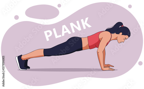 Woman exercising doing plank. Fitness and healthy lifestyle. Minimalist flat design vector
