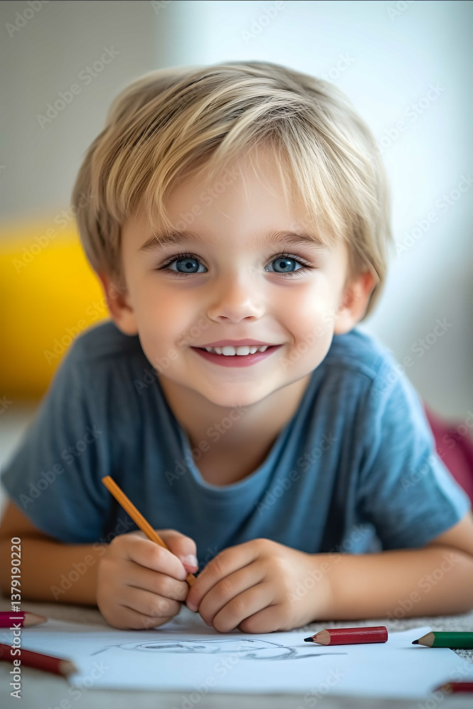 photo on a white background a 3yearold child in a blue Tshirt Hes lying on the floor draws smiling photo on a white background a 3yearold child in a blue Tshirt Hes lying on the floor draws smiling