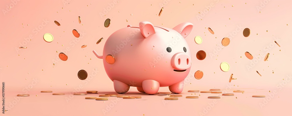 A playful piggy bank surrounded by scattered coins, symbolizing savings, investment, and financial growth in a cheerful, vibrant setting. A playful piggy bank surrounded by scattered coins, symbolizing savings, investment, and financial growth in a cheerful, vibrant setting.