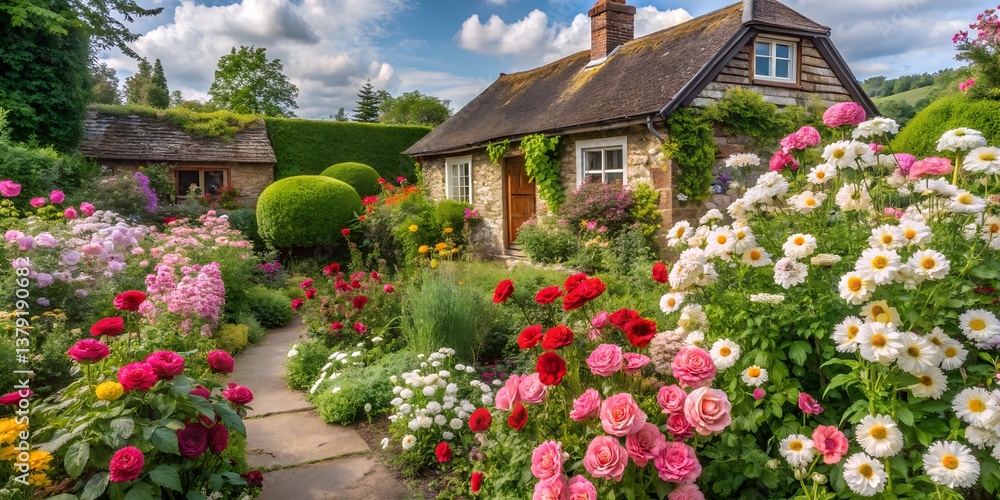 Obraz premium A countryside cottage garden bursting with roses and daisies.