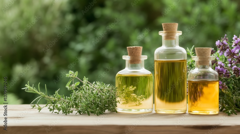 Natural herb oils arranged on a wooden surface with vibrant green herbs and flowers in the background during daylight Natural herb oils arranged on a wooden surface with vibrant green herbs and flowers in the background during daylight
