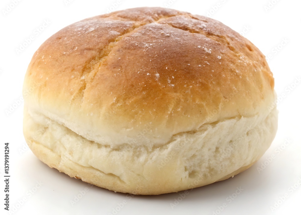 Close up shot of a single kaiser roll with a golden brown crust on white surface Close up shot of a single kaiser roll with a golden brown crust on white surface