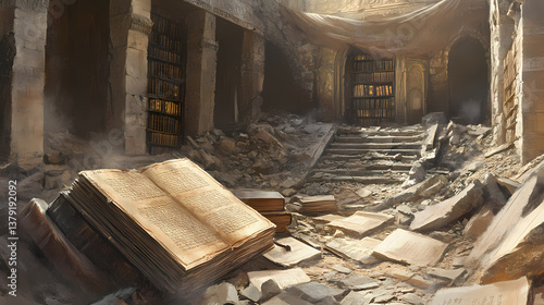 A forgotten library buried beneath ruins, with ancient scrolls and books scattered across the floor. Forgotten Ruins. Illustration