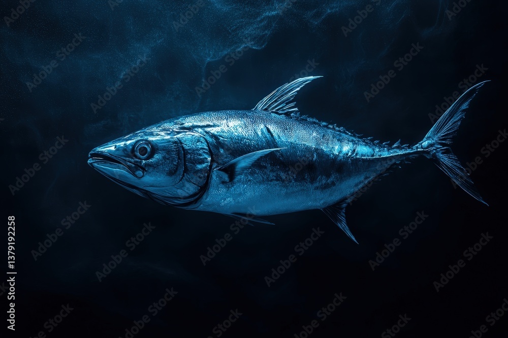 A solitary tuna swims alone in a deep blue ocean environment A solitary tuna swims alone in a deep blue ocean environment
